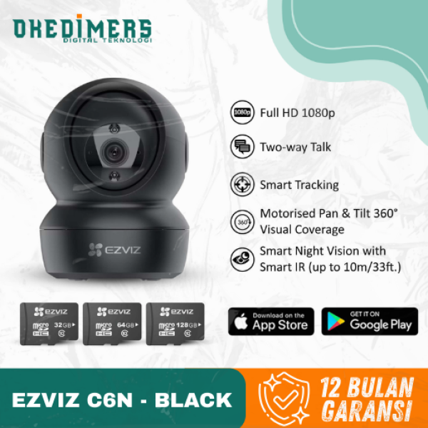 Ezviz C6N 2MP Black Smart Home Wifi IP Camera CCTV Indoor 1080p w/SD Card 32/64/128GB - Ezv 32Gb